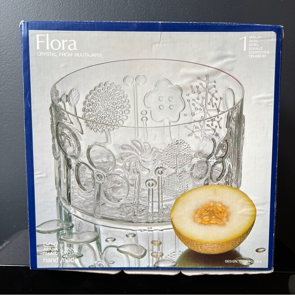 Arabia Finland Flora Large Clear Crystal Glass Bowl w Box Mid Century Modern MCM - Picture 2 of 8